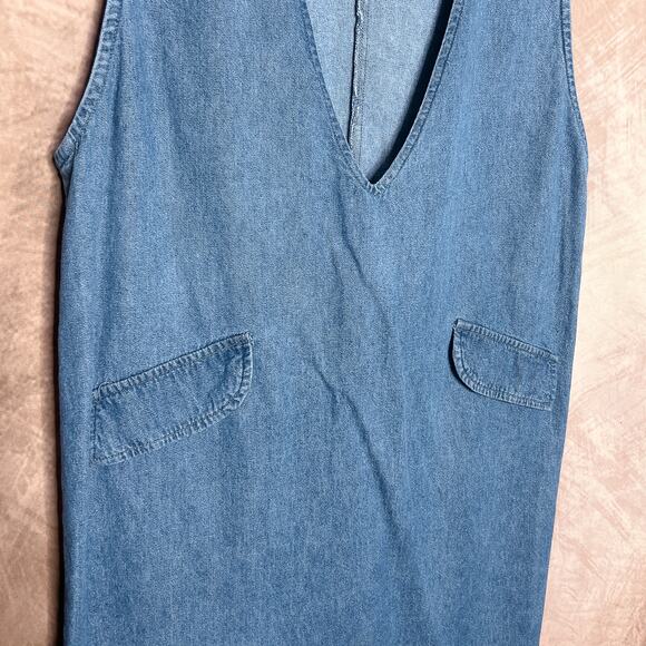 Vintage 90s Jennifer Morgan Denim Dress Sleeveless Deep V Neck Midi Shift School - Picture 6 of 8